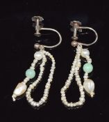 A pair of 9ct white gold earrings set with pearls and jade,