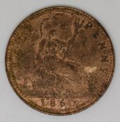 Queen Victoria 1860 young head bronze halfpenny, beaded borders, EF with lustre