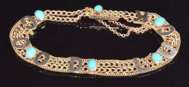 Edwardian 9ct gold bracelet set with turquoise cabochons and applied letters reading 'Good Luck',