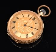 Unnamed 18ct gold keyless winding open faced pocket watch with blued hands, black Roman numerals,