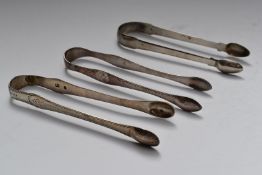 Three sets of Georgian hallmarked silver sugar tongs comprising Newcastle example, maker Ann