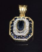 A 9ct gold pendant set with sapphires and diamonds, 2.7g, 2 x 1.2cm