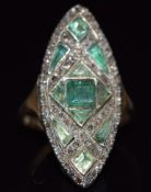 Victorian marquise shaped ring set with rose cut diamonds and emeralds, size M, 5.5g