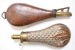 James Dixon & Sons copper and brass powder flask with embossed acanthus leaf and basket weave