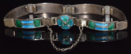 A hallmarked silver bracelet set with green and blue enamel, Birmingham 1910, maker J.F