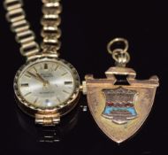 A 9ct gold Avia watch and a yellow metal fob dated 1888 set with enamel, 4.4g