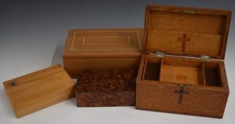 An inlaid oak box with fitted tray and lid with accompanying card 'made of oak from the Altor