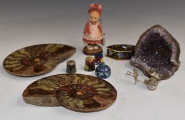 Two polished ammonite fossils together with an amethyst geode, enamel pot, thimble etc