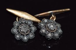 A pair of yellow metal cufflinks set with rose cut diamonds, 6.2g