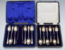Two cased sets of hallmarked silver teaspoons, one of rat tail design with sugar tongs, weight 236g