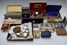 A collection of jewellery including a 9ct gold watch strap (17g), silver bracelet, faux pearls,
