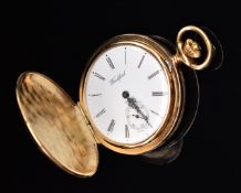 Woodford gold plated keyless winding full hunter pocket watch with subsidiary seconds dial, Roman