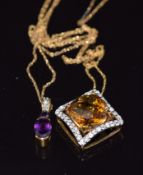 Two 9k gold pendants, one set with a citrine and the other amethyst and diamonds, both on 9k gold
