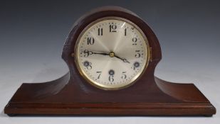 A c1930 DRP Deutches Reichs Patent mantel clock in Napoleon hat style mahogany case, three train