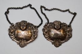 Pair of Victorian hallmarked silver bottle tickets for whisky and brandy, London 1894, maker's