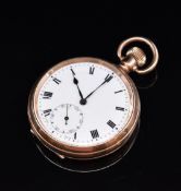 Buren gold plated keyless winding open faced pocket watch with subsidiary seconds dial, blued hands,