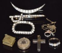 A silver brooch set with paste, two paste brooches, locket, cross pendant, and 9ct gold ring set