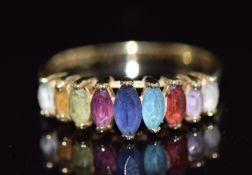 A 9ct gold ring set with marquise cut topaz, garnet, peridot, amethyst & citrine, 2.5g, size N
