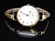 J W Benson 9ct gold wristwatch with subsidiary seconds dial, blued hands, black Arabic numerals,