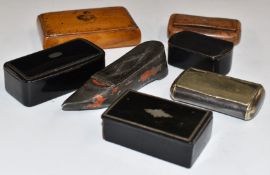 Seven various Georgian and later snuff boxes to include shoes, lacquer and satinwood, length of