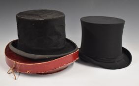 Collapsible top hat in box, Hillhouse & Co Hatters, and a silk top hat by Christys London
