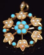Edwardian pendant/ brooch set with seed pearls and turquoise, 5.5g, 2.5cm