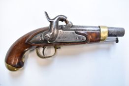 French Gendarmerie percussion hammer action pistol with brass trigger guard and mounts, lock stamped