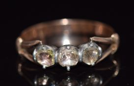 Georgian/ Victorian rose gold ring set with three rose cut diamonds in a foiled setting, size Q, 1.
