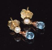 A pair of Clogau earrings set with a split pearl and briolette cut aquamarine to each, in original