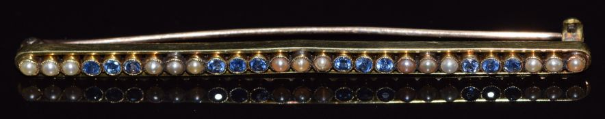 Edwardian 15ct gold brooch set with seed pearls and sapphires, 4.4g, 6.5cm