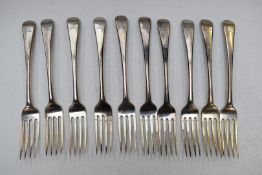 Set of ten Georgian Old English or Hanoverian pattern forks, London 1797, maker Thomas Wallis II,