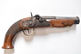 Unnamed percussion converted from flintlock hammer action coat pistol with shaped hammer, brass