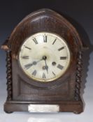 Gustav Becker c1920 oak cased mitre top mantel clock with barley twist decoration, the Roman dial