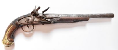 Turkish flintlock hammer action pistol with engraved steel trigger guard, brass butt plate