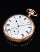 Elgin gold plated keyless winding open faced pocket watch with inset subsidiary seconds dial,