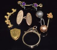A 9ct gold mount, 9ct gold cufflink (3.3g) a yellow metal slider, fly brooch, etc