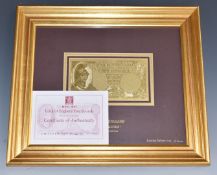 Bank of England £5 note number 403/5000, stated to be 99.9% pure gold, in presentation frame