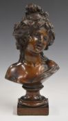 Clodion bronze bust of a classical lady, on socle base, H24cm