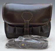 Brown leather shotgun cartridge loader's bag with extra large capacity, new and unused.