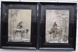 Pair of framed WMF silver plated panels with relief decoration, one depicting a man on camel below