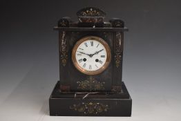 19thC slate and marble mantel clock, the Roman and enamel dial with steel beetle and poker hands,