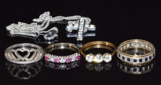 A 9ct gold ring set with diamonds and rubies, 9ct gold eternity ring set with sapphires, silver