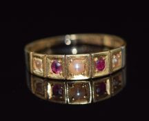Victorian 18ct gold ring set with pearls and rubies, Birmingham 1897 & maker GWW, 2g, size M/N