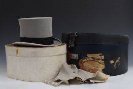 Grey felt top hat and spats, size 6 7/8, in original box addressed to Captain E.F.E Armstrong R.E