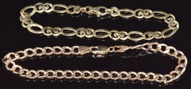 A 9ct gold curb link bracelet and a 9ct gold bracelet made up of wave and oval links, 12g