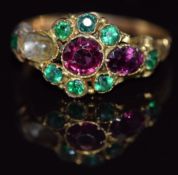 Victorian 12ct gold ring set with garnets and tourmaline, Birmingham 1873, 1.4g, size O/P