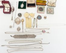 A collection of silver jewellery including lockets, chains and necklaces, 9ct gold and silver