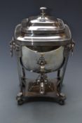 19thC silver plated samovar of classical form, with lions mask and paw supports, H41cm