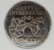 German States 1576 Nuremberg 1 Reichsguldines silver coin, obverse 2 shields of arms, reverse