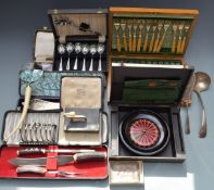 Silver plated ware to include cased cutlery, Chad Valley roulette game and Viners tankard.